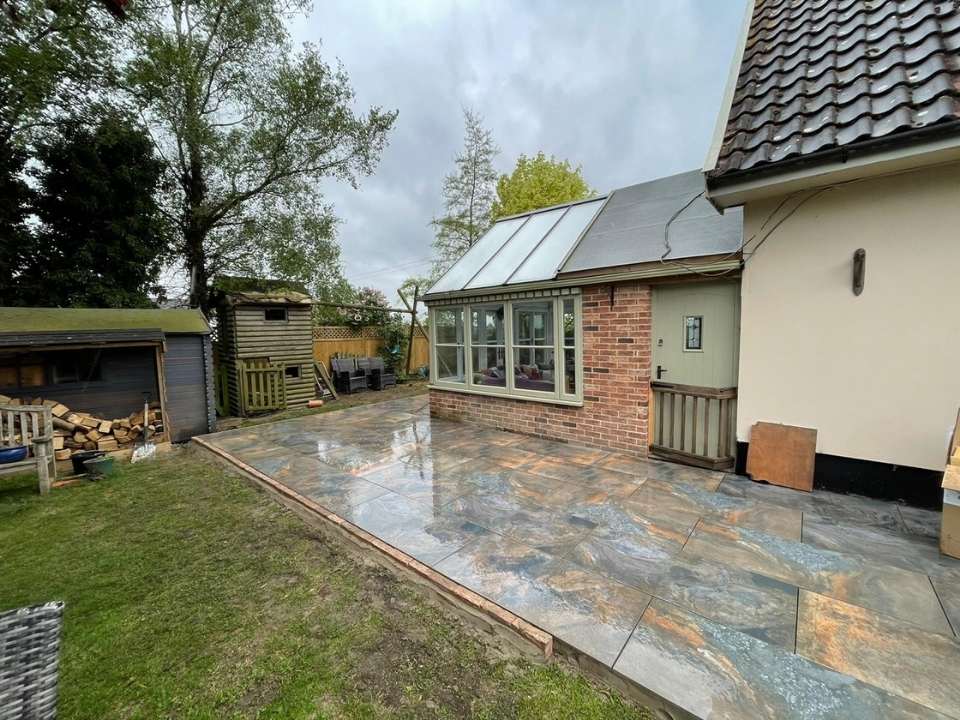 Garden landscaping with patio in Suffolk