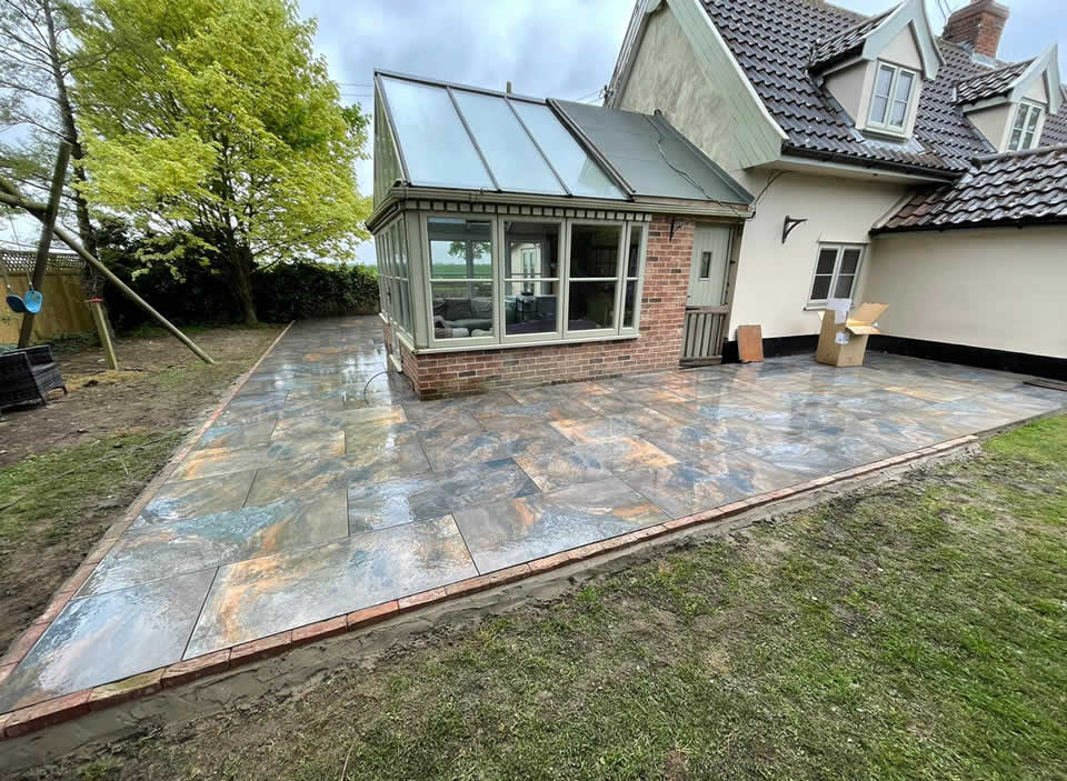 Patio with brick edging